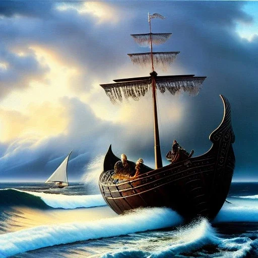 portrait of 'Viking Ship on rough seas',snow,vikings,ancient armor,painting by Earl Norem, simon Bisley,frazetta evan lee, Vallejo,kelly oil on canvas, cinematic composition, extreme detail,fit full head inside picture,8k