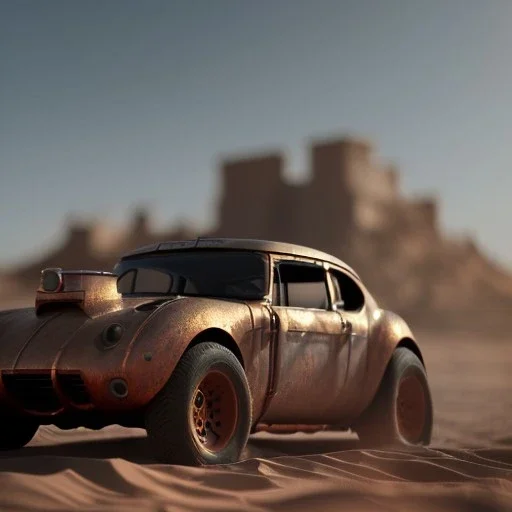 3d rendering. Steampunk futuristic car. Buried in desert sand. Lost in Time