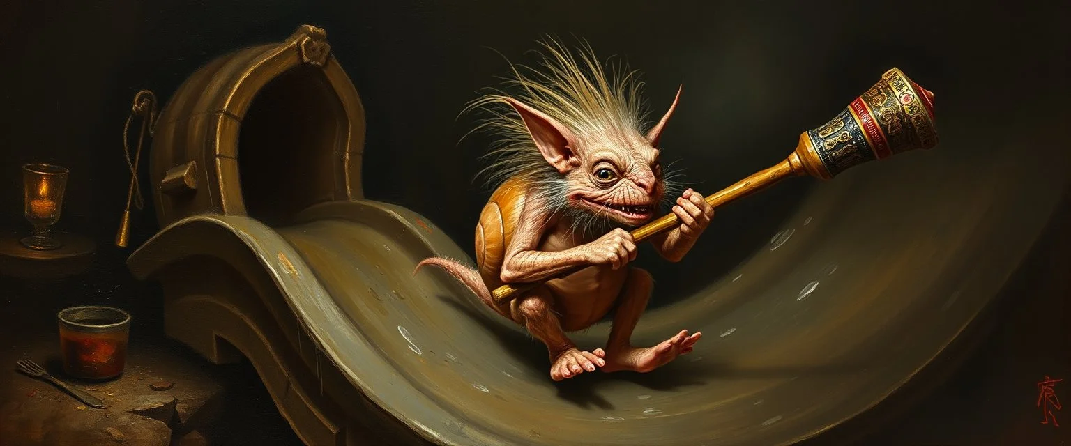 hårete gremlin hurtig snegle på fest med stor slegge aker ned sklie malt av Rembrandt