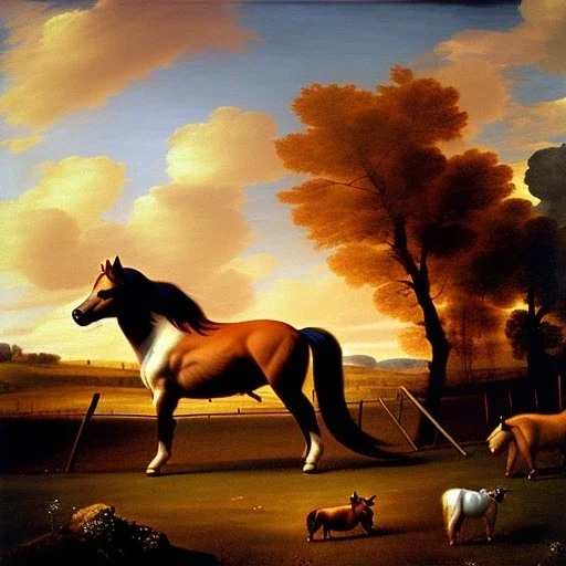 shetland pony, fence, field, oil painting, by Nicolas Poussin