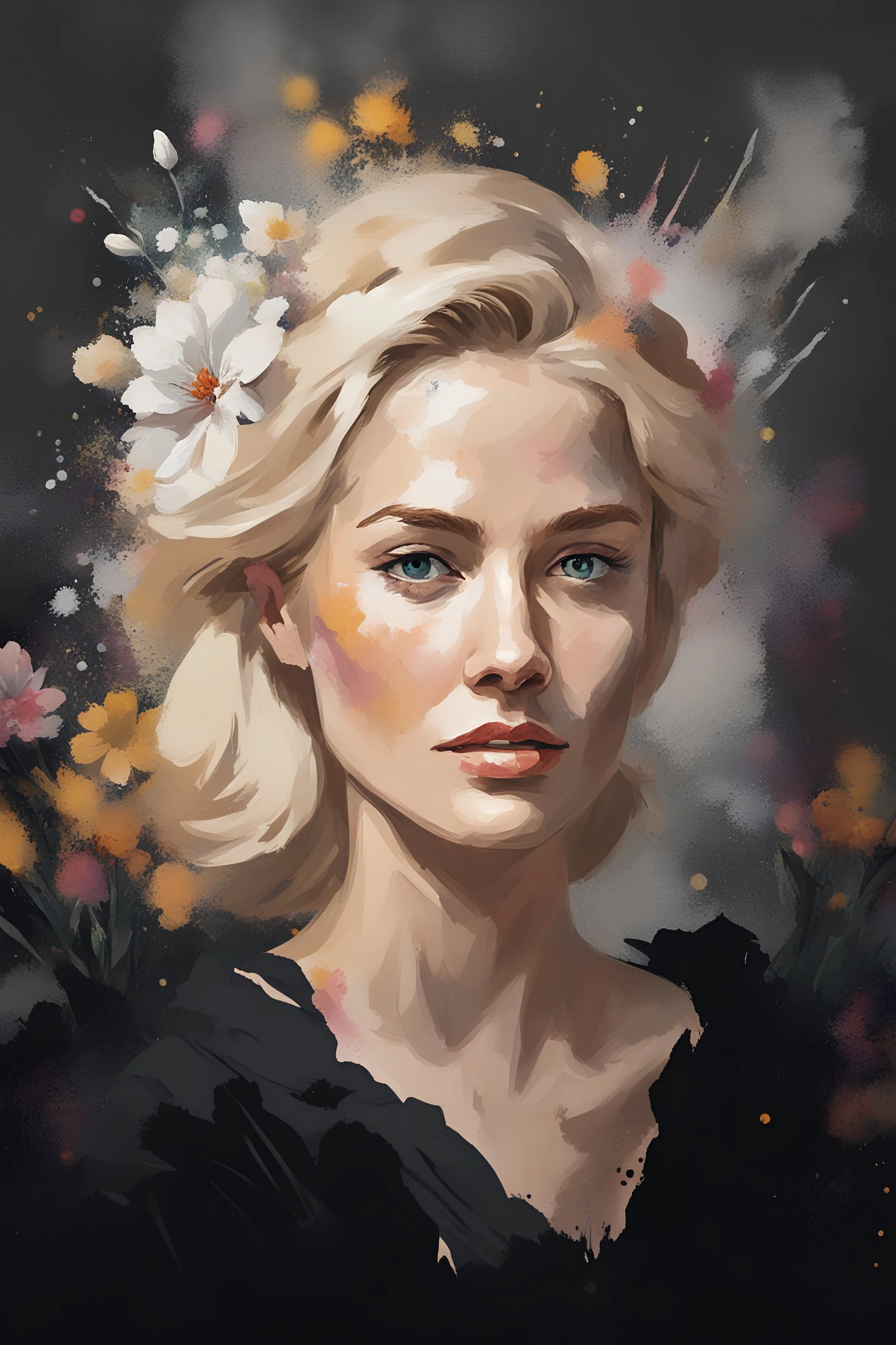 on an old canvas portrait of a blonde woman, flowers, gouache Splash art concept art 8k resolution