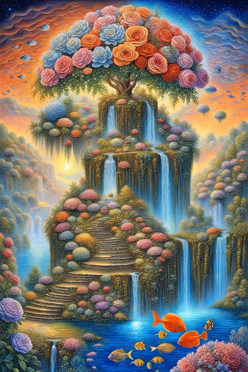 . Rose fruit trees, imaginative landscapes and sophisticated cities. Waterfalls. And an underwater lake with ornamental fish, coral and precious stones. The sky is decorated with stars perfect anatomy, fantasy, vibrant digital art professional award winning masterpiece, oil on canvas Atmospheric extremely detailed Josephine Wall