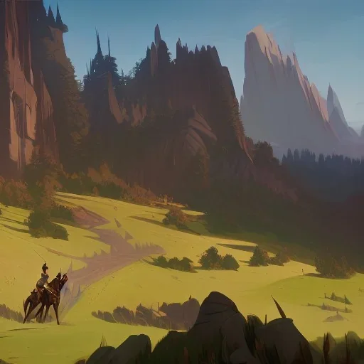  mountains with medieval knight traveling on a horse in the background