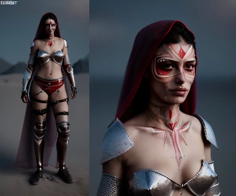 Animated, woman, Arabic face veil, face paint, armor, choker, hands, gauntlets, x, sword, longsword, chainmail, red beads, desert, pyramid