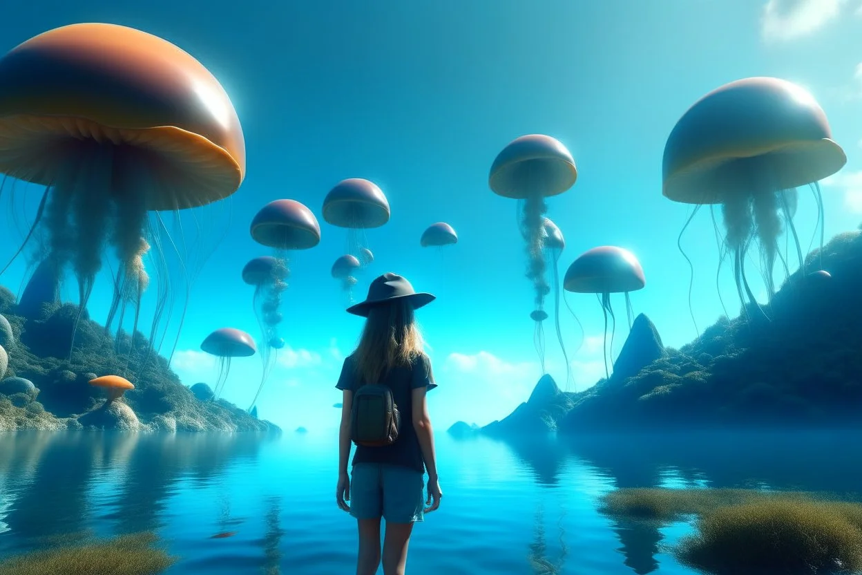 woman standing next to a lake, in an alien forest, flying mushrooms with jellyfish tenacles in a blue sky