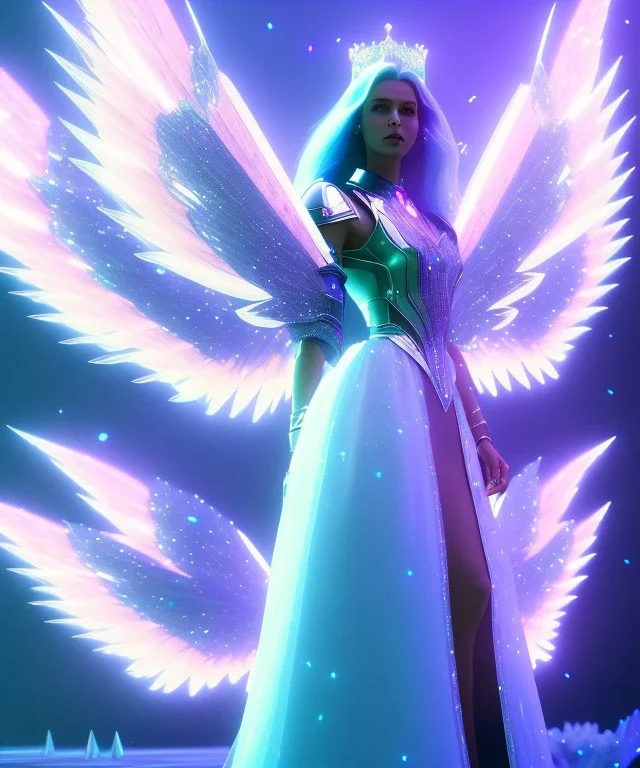 A crystalised queen, atmospheric, realistic, unreal engine, cinematic lighting, octane render. blue, pink, transparency, light, shine,bright, full body, transparent wings, blonde, long hair, nice smile