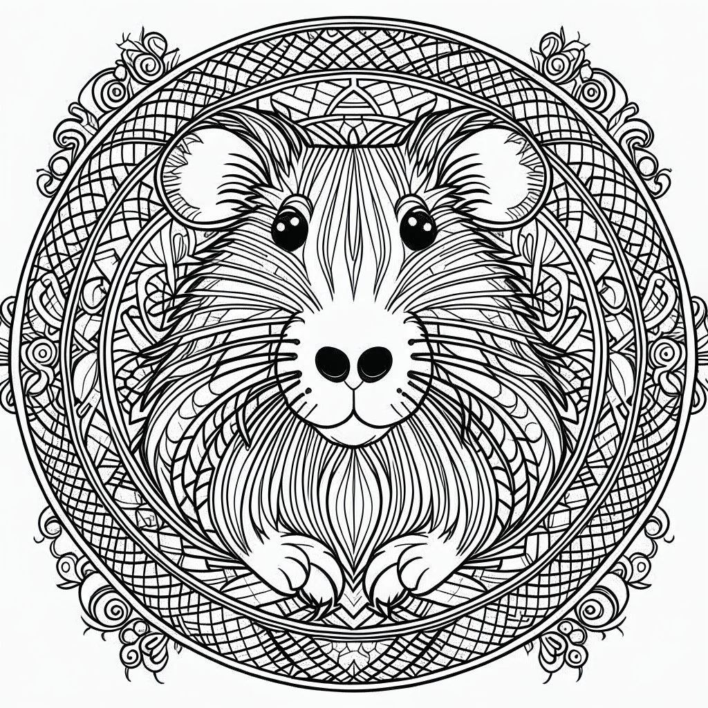 Hamster, front view, mandala, minimal lines, cartoon, white back ground color, real style, realistic, minimalistic, minimal black line art, line art, crisp line art, unique coloring sheet, outlined, outline, crisp, crisp line edges, illustration, thin lines, crisp clear lines, line art, clean line art, unique, 8k, amazing, masterpiece, no colors, no dark color, no black color, avoid thick black, minimalistic line edges, pure white back ground, image character full fit to page,