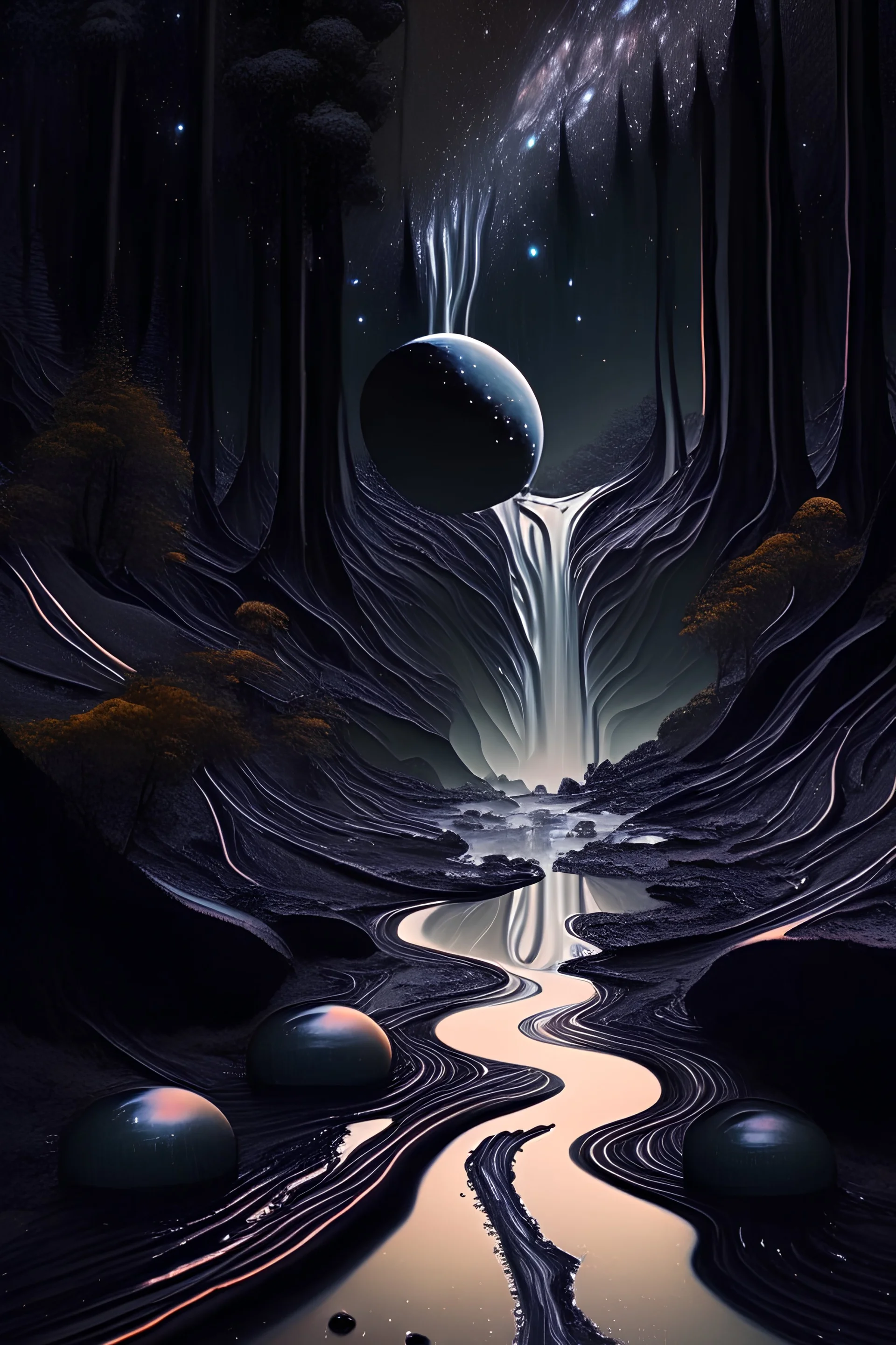 liquid rivers of ruthenium flowing through a forest of solid tantalum on an unknown planet with the galaxy in the background