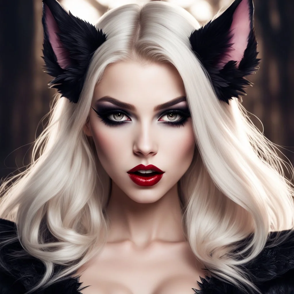 n this visually striking image, a vampire monster girl takes center stage, captivating the viewer with her presence. With her mouth agape, revealing her sharp fangs, she exudes an air of danger and allure. Her long eyelashes flutter with intensity, adding to her aura of mystery. Adorned with fake animal ears that perfectly match her blonde hair, she wears it in a unique style - a split ponytail with strands falling gracefully between her eyes and the rest flowing behind her ears. A delicate cors