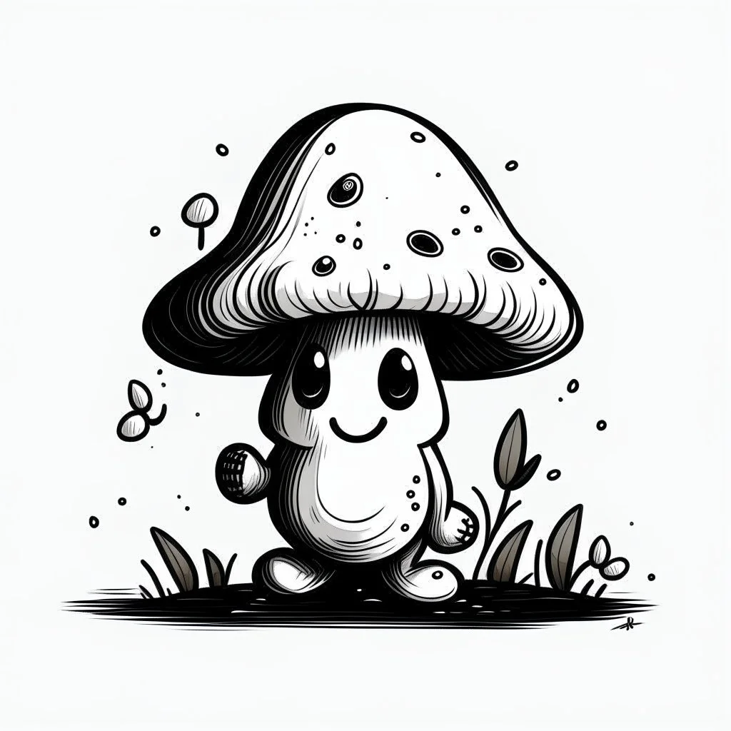 mushroom, black and white, cartoon, drawing, cute, creature, simple