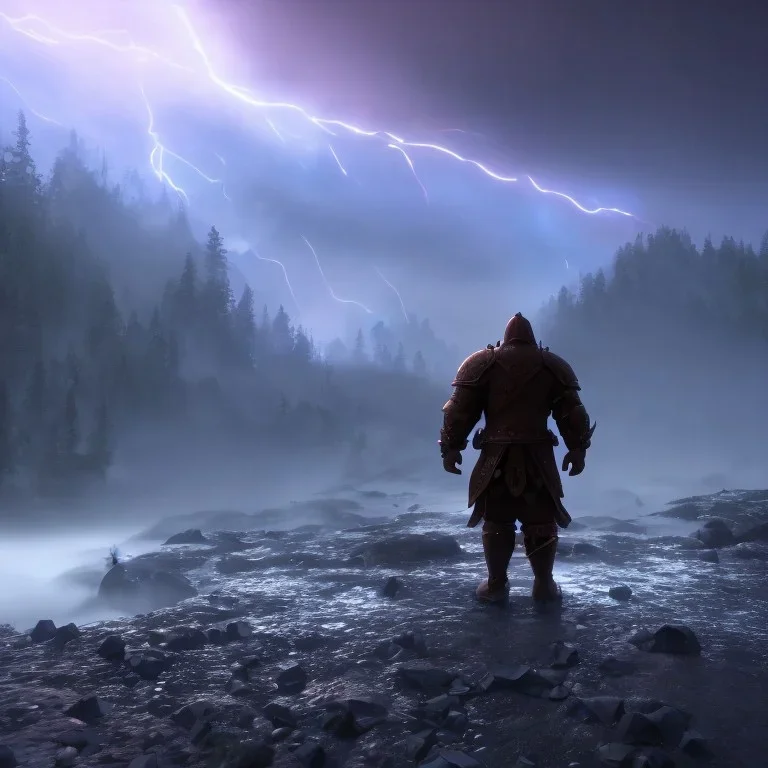 Heavy rain. Epic Lighting in the night sky. Knight with magic scroll in hand. Falling meteorite from the sky. Meteorite burning in the distance. Dark black mud.