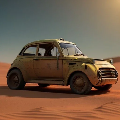 3d rendering. futuristic steampunk yellow car. Buried in desert sand. Lost in Time