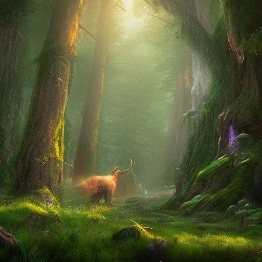 Mythical forest glade, unicorn, fairytale, 8k