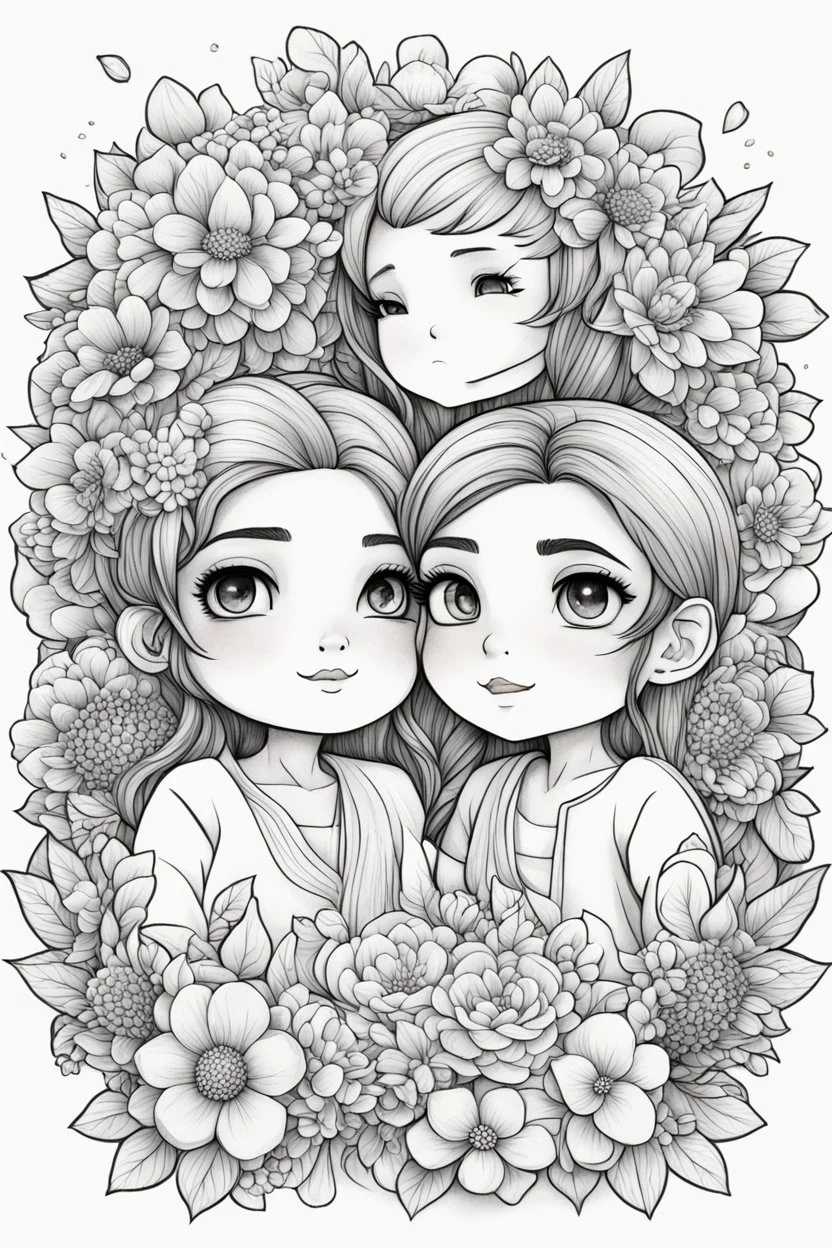 create a outlined coloring page of a chibi cartoon characters of a couple surrounded by flowers. Pay attention to the details of the faces and flowers and the emotions conveyed by the couple. White background, sketch style, half of body, use outline, Mandala style, clean line art, no shadows, no coloring, no shading, no grey.