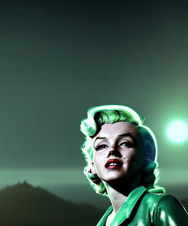 Ultra Realistic retro sci-fi 1960 scene, waist up view portrait, blonde woman, sweet young Marilyn Monroe face, perfect iris, tight latex coat, Strange planet background, Retro sci-fi style glass helmet, fog, rain, soft color, highly detailed, unreal engine 5, ray tracing, RTX, lumen lighting, ultra detail, volumetric lighting, 3d, finely drawn, high definition, high resolution.