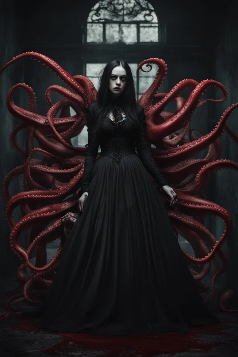 blood, goth woman, leaning pose, full body, squid, octopus creepy, horrifying, sinister, 8k, macro photography,