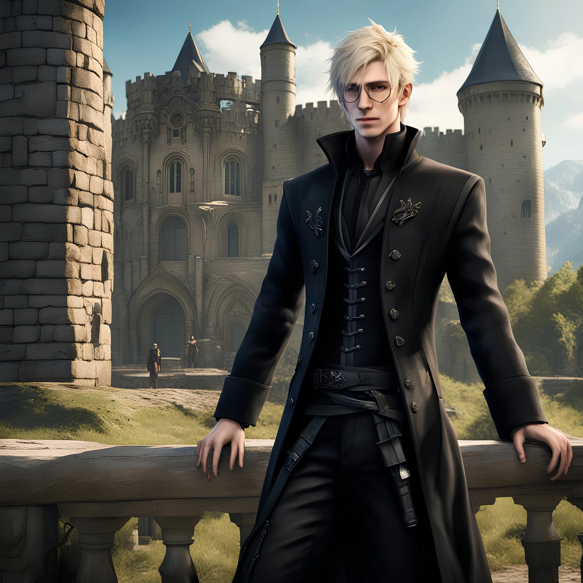 Hyper realistic human male with pale skin and wearing dark black fantasy noble clothes, wearing a hat and glasses. with short blonde hair and blue eyes, looks like a final fantasy 15 character, full body picture, castle in the background, five fingers on the hands, only two hands, young looking face, fix the hands