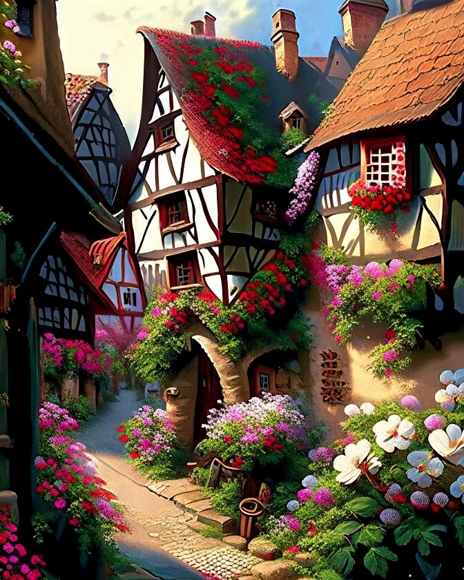 german medieval village with flowers rpg art painterly