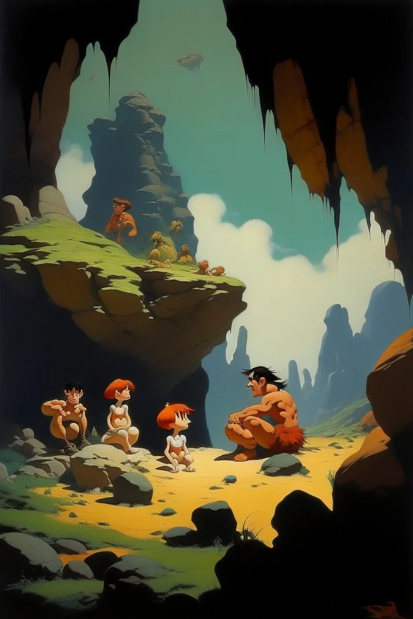 1970's dark fantasy cover dnd style oil painting of the flintstones in a minimalist far perspective.