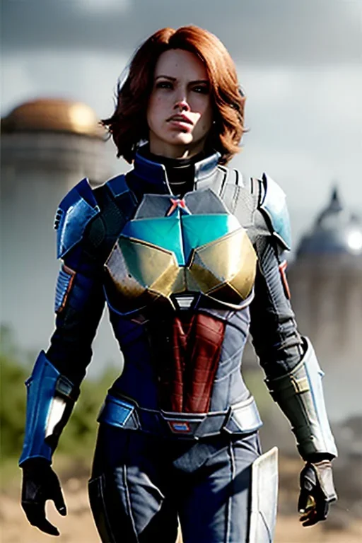 ultrarealistic, ruined city,__mass effect armor__, __angles__, 19 year old woman, strikingly beautiful, ginger hair, silver colour, [__starlets__|__starlets__], (pale __skincolor__ skin:1.2), __camera__, _hair_, detailed face and eyes, medium breasts, leather choker, freckles, dynamic pose, resolved expression, __accessory__, strappy outfit, (straps:1.1), sword in scabard on left hip, (buckles, buttons, snaps, rings:1.0), haltertop style breastplate, detailed eyes, plump lips, sci-fi theme