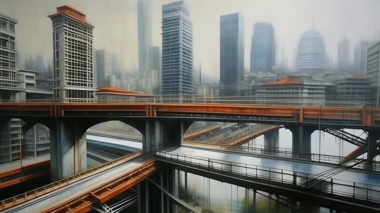 bridge over a city with buildings under construction, large scale scene, cityscape, overpasses, contemporary art