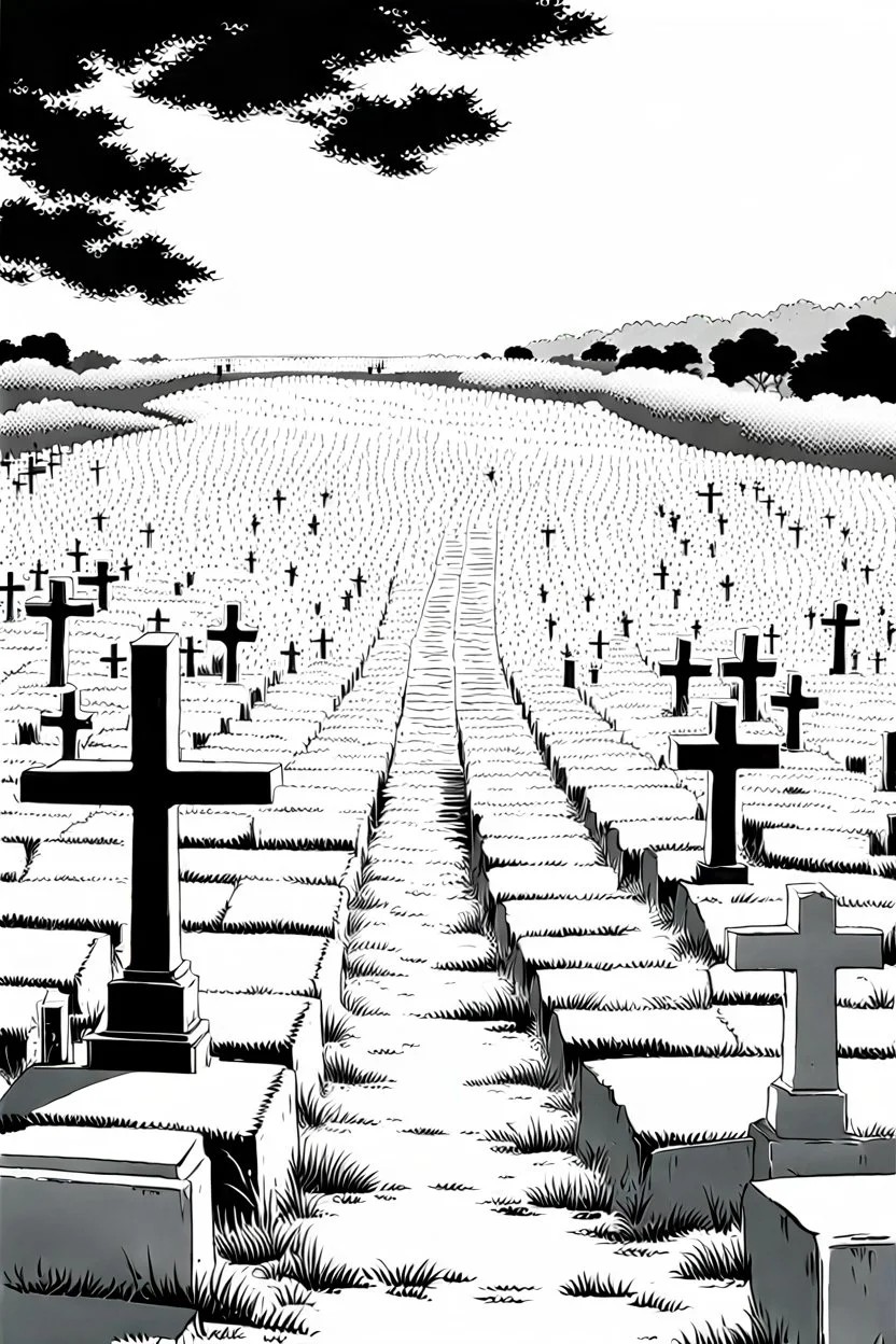 landscape, Japanese open air flat cemetery with thousand gravestones, high detail, manga style, grayscale