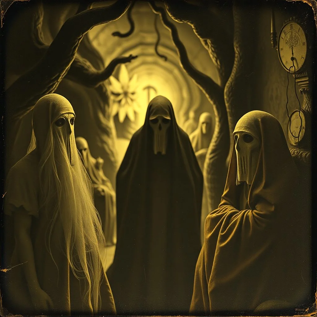 Daguerrotype close up some mysterious figures, odd background, Hieronymus Bosch Max Ernst ambient light, by Minicavio Quollati and Marlost Endgulp, Amano, Botticelli, Alphonse Mucha