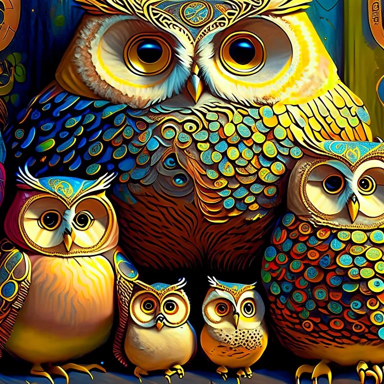 Family of cute and chubby owls multicolored by Fernando Botero and Jacek Yerka , sf, intricate artwork masterpiece, ominous, matte painting movie poster, golden ratio, trending on cgsociety, intricate, epic, trending on artstation, by artgerm, h. r. giger and beksinski, highly detailed, vibrant, production cinematic character render, ultra