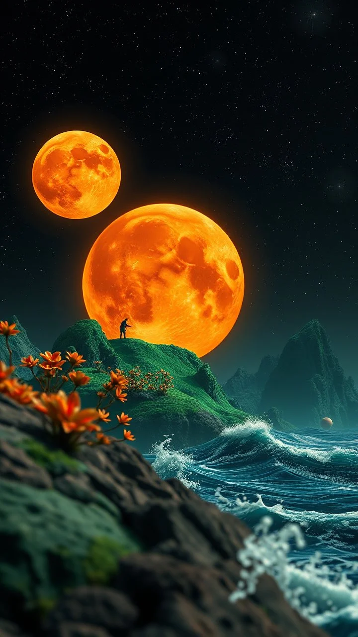 Orange moon landscape on green planet, space meteorites, stars in the night sky, fantasy plants on a a msn in split toning effect, subsurface gaussian scattering, dark fantasy, photorealistic image, ultra-details, ocean with high waves