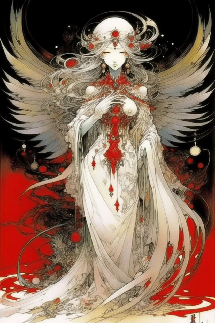 style of Yoshitaka Amano ~a fierce angel, standing with all her might wings outstretched staring deep into your soul, her ornate robe reminiscent of the stars in the night fiery sky. surrealist. Shades of luminous white and red piercing shadow, reminiscent of Beuys and Qian Xuan.