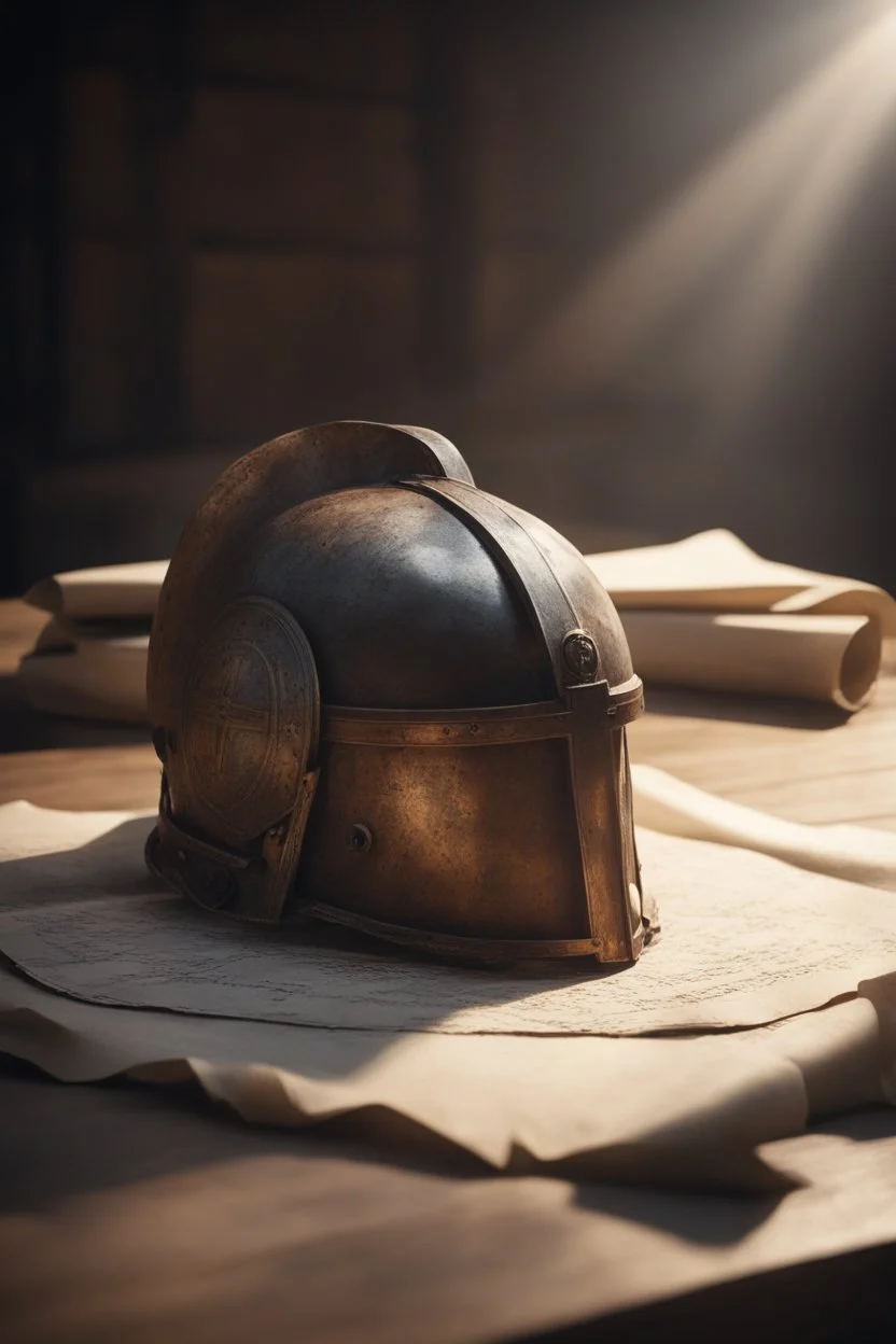 The Roman centurion's helmet lies on an old cracked wooden table. Next to it on the table is a cross on a string and a scroll of parchment. A ray of sunlight reflects off the helmet. All around is the entourage of ancient Rome. High quality image in 8K