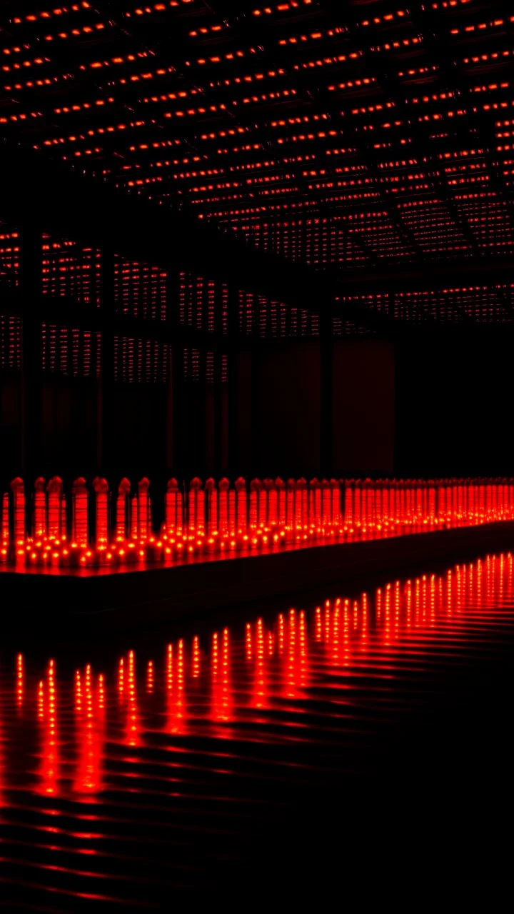 Track of oil with runners made of lights, in the background the crowd is burning, in the style of Donald judd