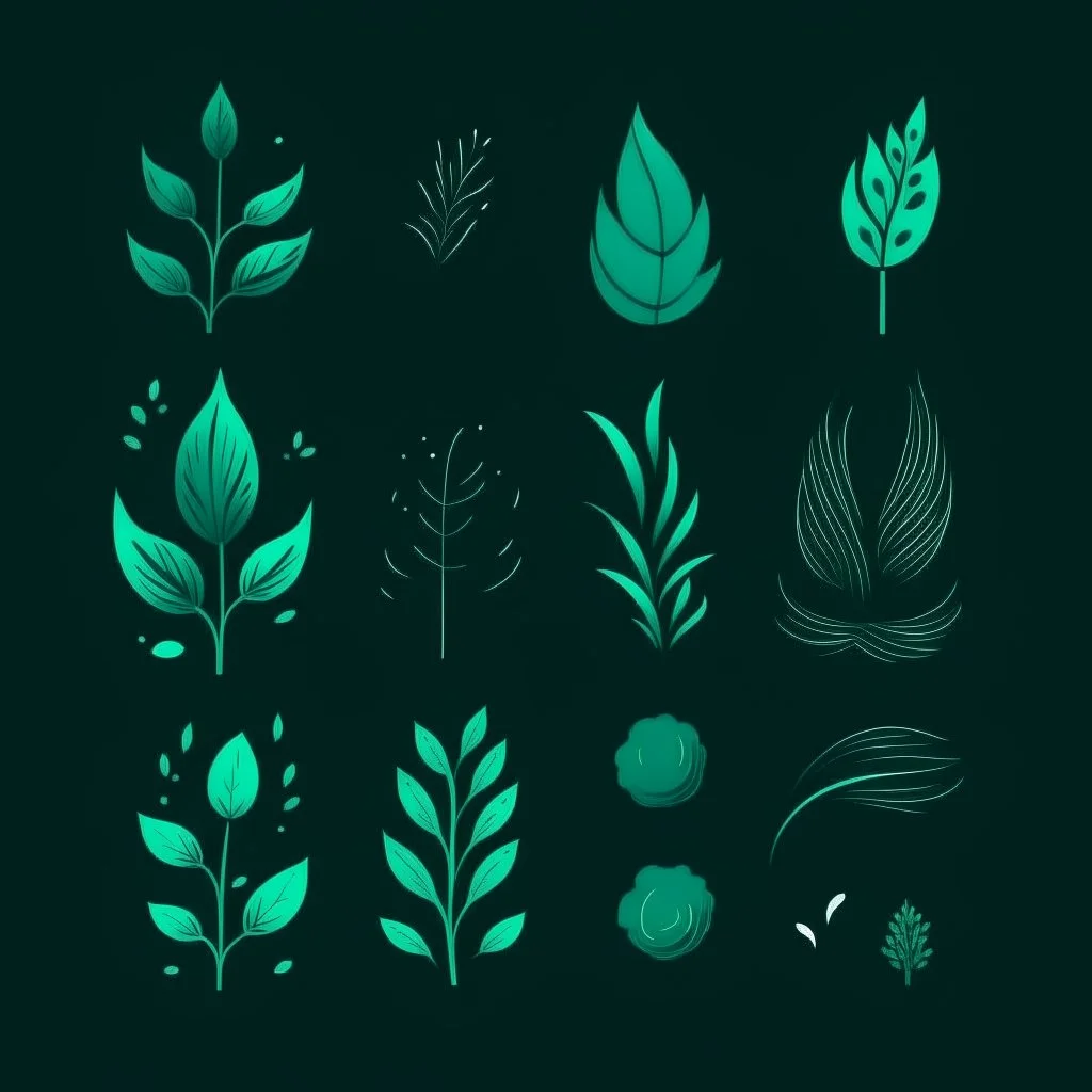 Minimalist hand drawn brush stroke icons of nature with strong turquoise on deep green background.