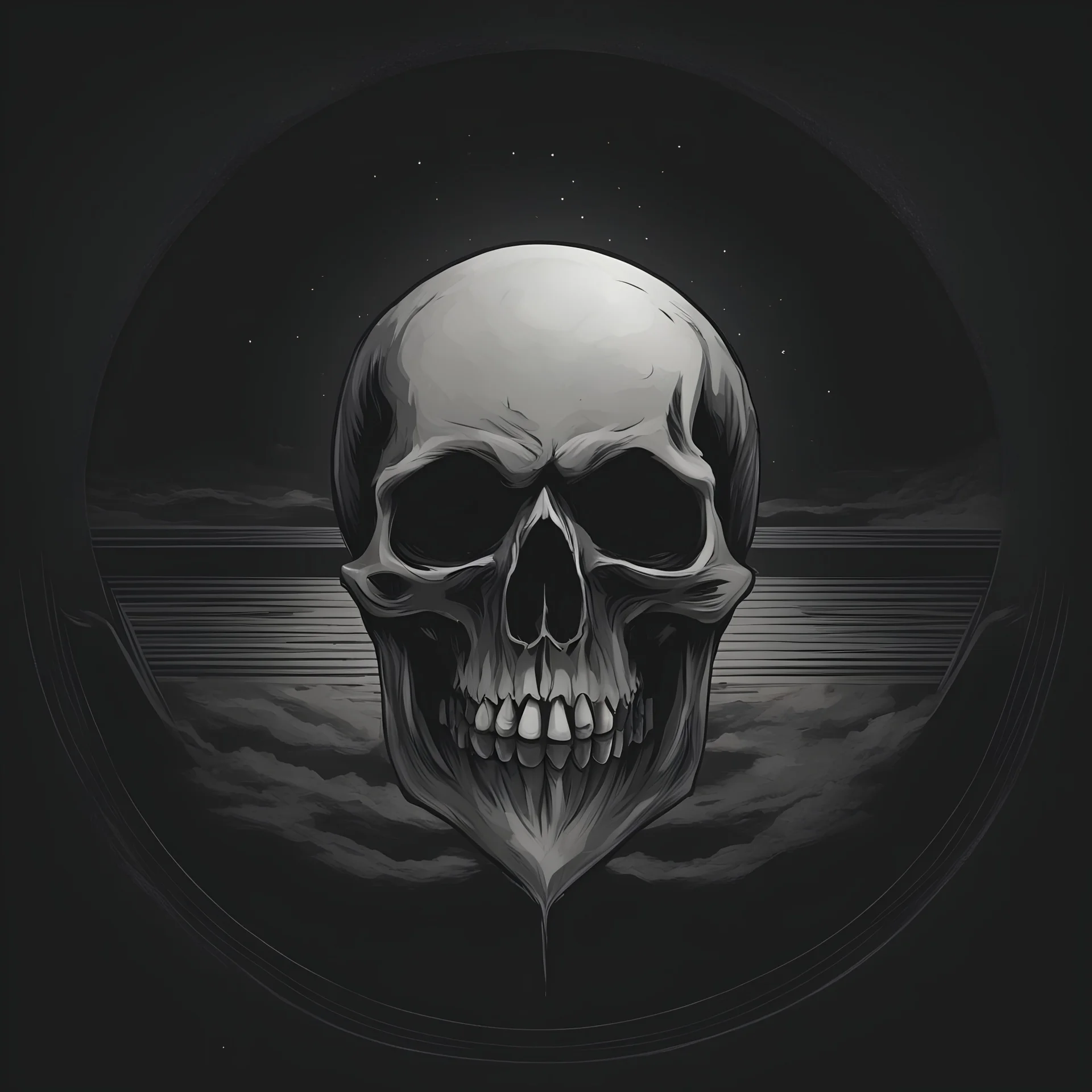 a simple, minimally detailed logo for a brand called "Reaper's Moon Digital Art" perfect text, simple, skull superimposed over a full moon