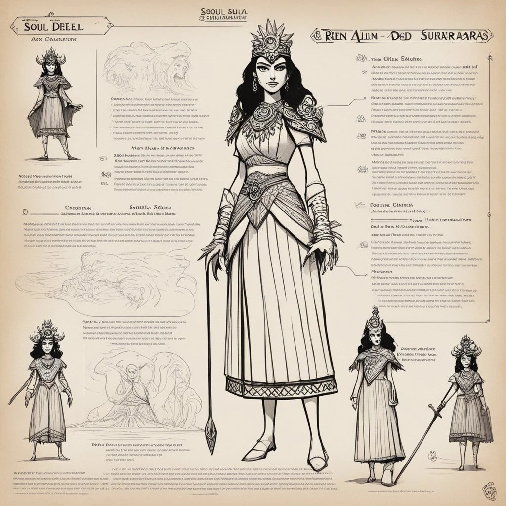 character concept sheet with AD&D statistics and characteristics[1960’s stop-motion animation style of Reina del Susurradores del alma in Mexico] These mysterious figures possess the rare gift of communing with spirits and delving into the realm of the unseen. Soul Whisperers navigate the boundaries between the living and the dead, offering guidance, solace, and sometimes unsettling revelations to those who seek their counsel.