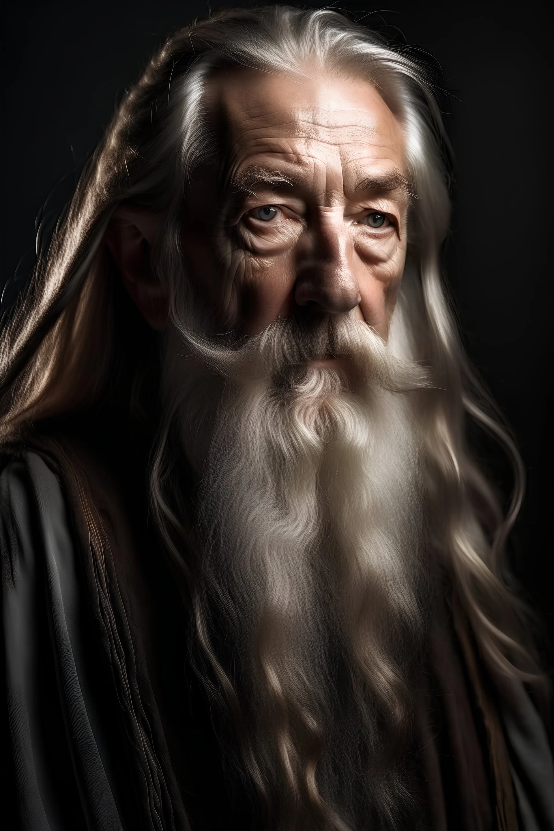 Elderly wizard, frail, long hair and beard, silver hair, wise,