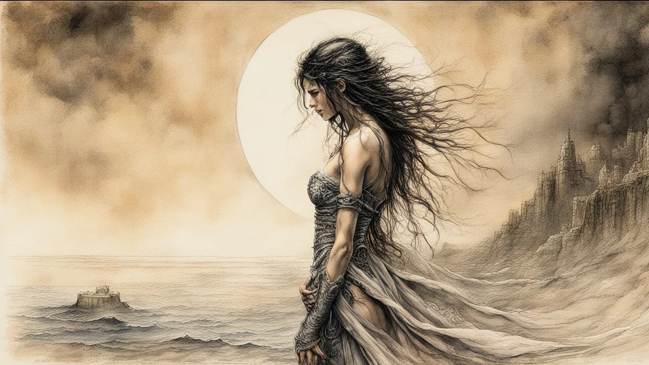 Hyper-photorealistic watercolor art style by Luis Royo, Surreal fine art etching of a figure by Luis Royo, tanned skin inscribed with the transient story of mortality, ethereal light playing with its form whispering tales of an eternal realm, eyes, black as the depths of the night, ardently pinand looking towards the endless skies, a crown of black hair mirroring the mystery of the cosmos around, whole scene tinged with an ethereal softness from volumetric lighting, hues gr, Mysterious