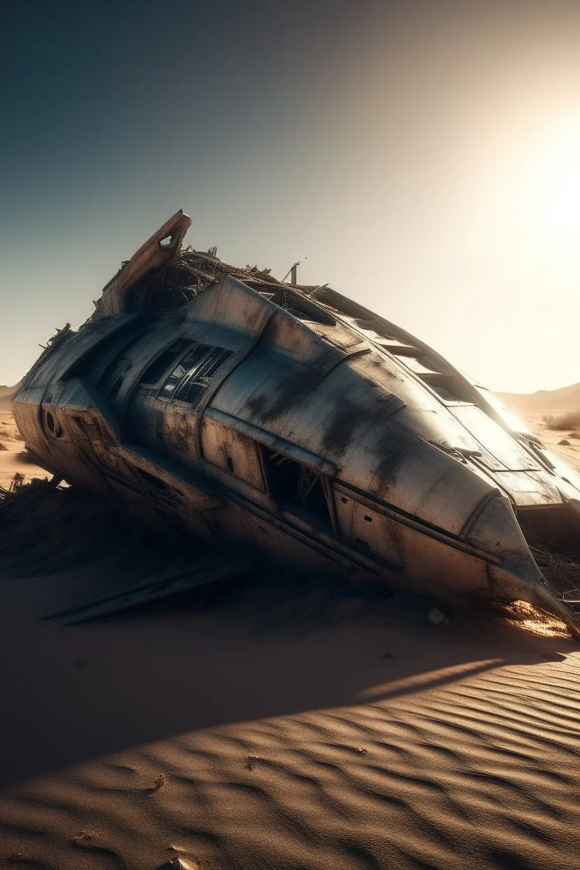 cinematic photo of a stunning spaceship crashed in the desert