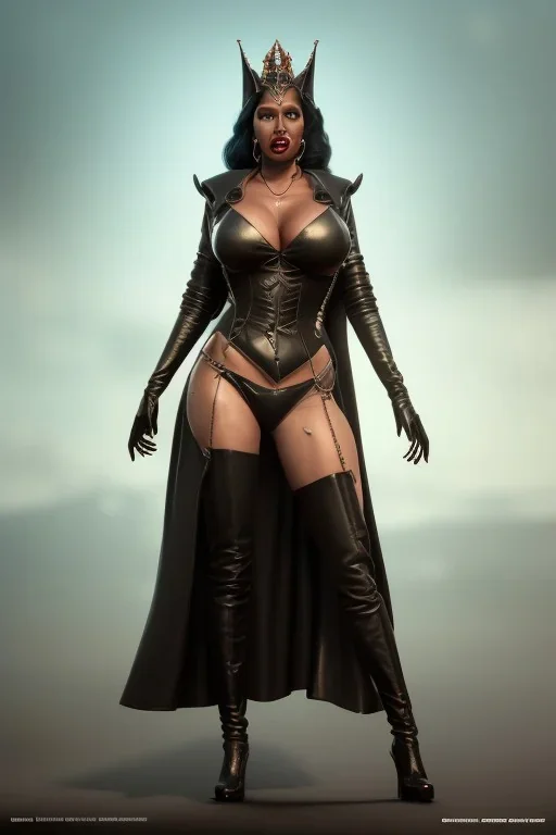 Pam Grier as evil queen in black leather, leather, busty, cleavage, angry, stern look. character design by cory loftis, fenghua zhong, ryohei hase, ismail inceoglu and ruan jia. unreal engine 5, artistic lighting, highly detailed, photorealistic, fantasy