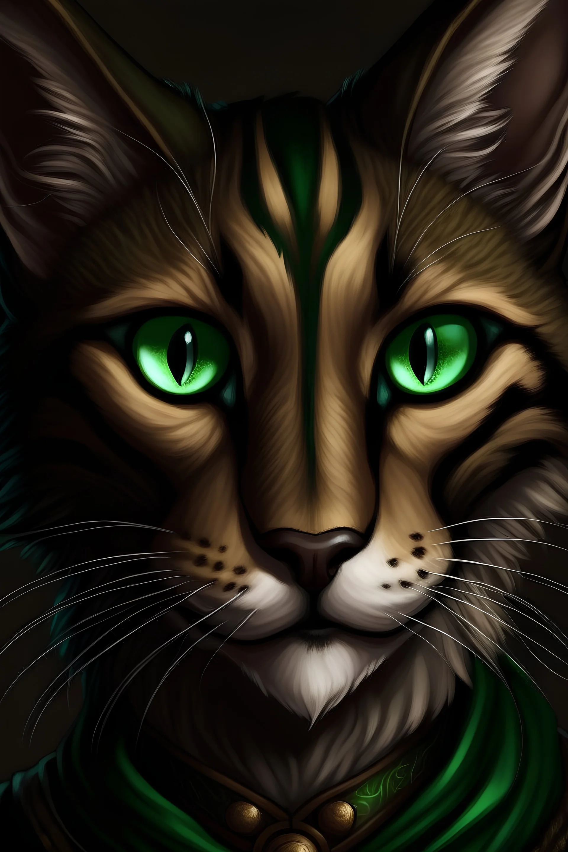 Generate a dungeons and dragons character portrait of the face of a male tabaxi. He is a Way of the Shadows. Monk. His hair is black and short. His eyes are green eyes.