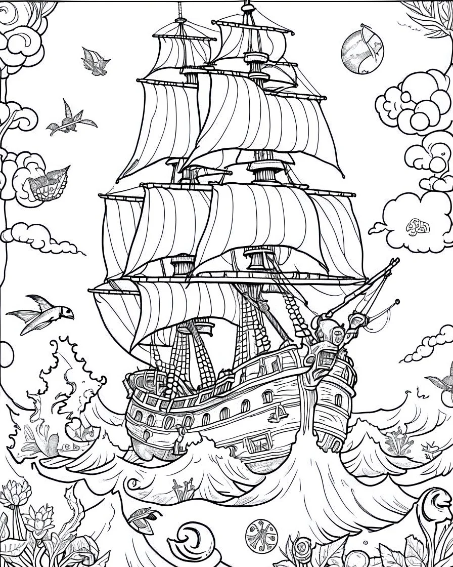 Pirates of the Caribbean: Black Pearl Sea Battle Coloring Challenge: Create an exhilarating coloring page inspired by the Pirates of the Caribbean movie, featuring the iconic Black Pearl in the midst of a dramatic sea battle. Encourage young artists to bring the scene to life by minimizing background and lines, allowing the focus to be on the action-packed elements like cannon fire and crashing waves. This black-and-white canvas provides an exciting challenge for kids to unleash their creativity