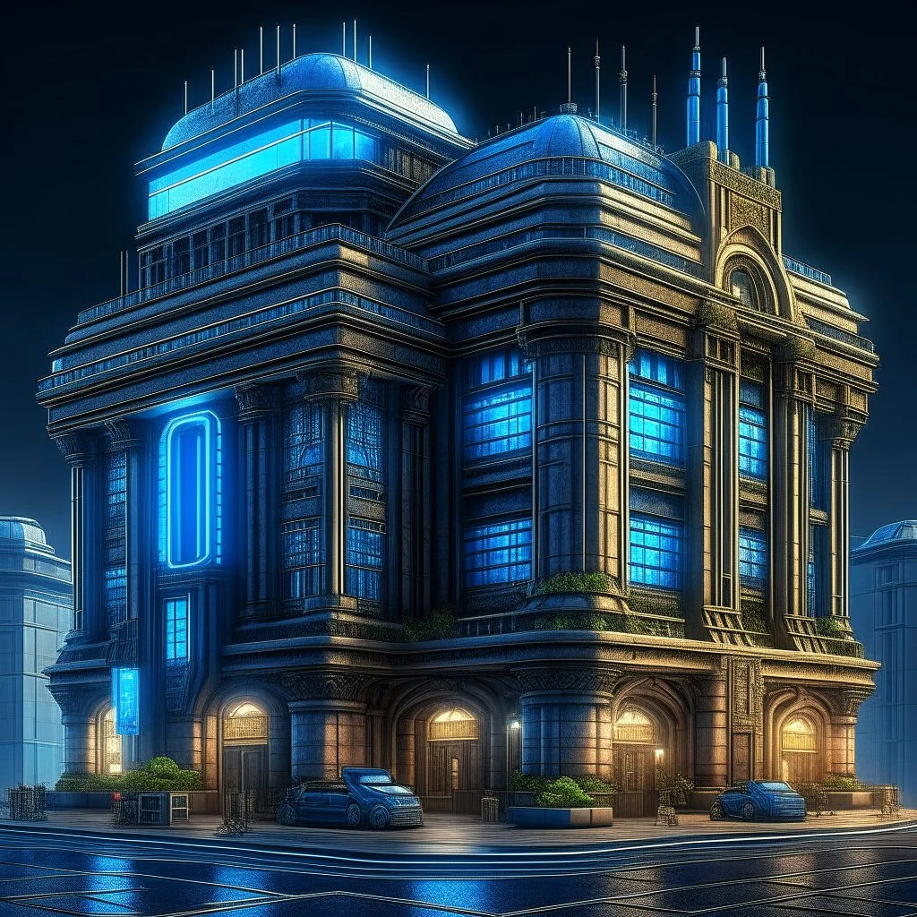 cyberpunk retro futuristic town hall for comics