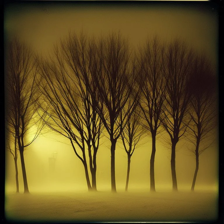 Dark street creepy fog colours strong texture artistic polaroid volumetric light tree nightmare Yves Tanguy