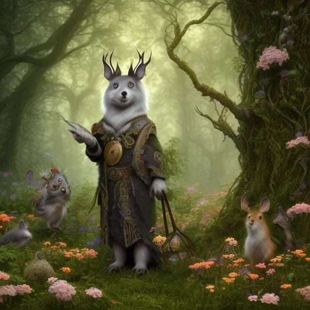 woodland animals standing around a black robed figure in a beautiful forest, trees and flowers, 8k resolution, high-quality, fine-detail, iridescent, intricate, digital art, detailed matte, volumetric lighting, beautiful, illustration, 3D octane render, margaret weiss, brian froud, howard lyon, selina french, anna dittmann, annie stokes, lisa parker, greg rutowski,