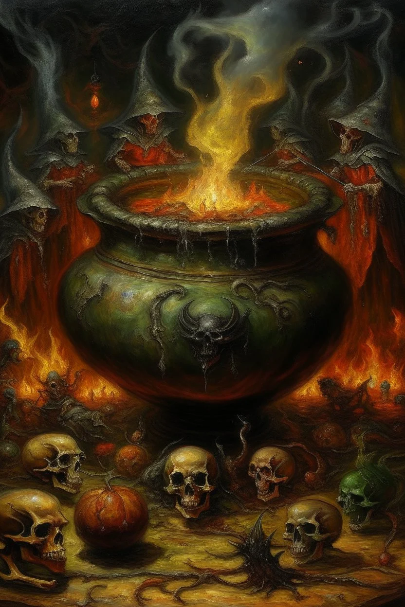 Living witches cauldron, slightly demonic, prize winning oil painting