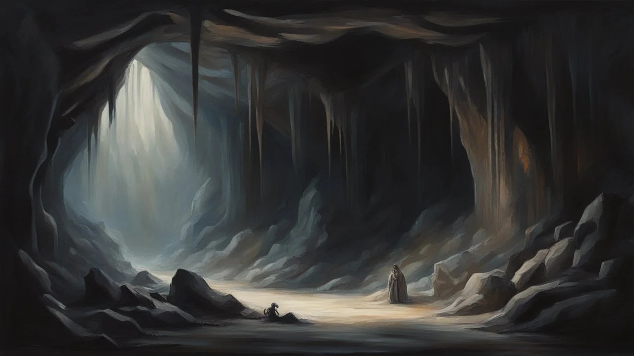 A dark and haunting oil painting of a mysterious cave filled with shadows and unknown creatures