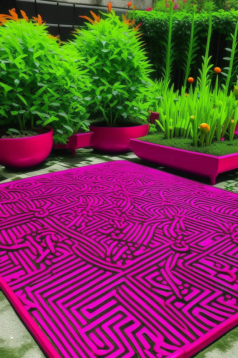 A magenta garden with crickets painted by Keith Haring
