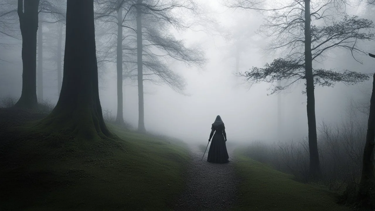 [high res photo of a medieval scene in the shadows and the fog of a forest] Lilian follows at the prescribed distance, her footsteps light but purposeful. The cold doesn't seem to slow her as much as you might expect—whether from exhaustion overriding discomfort or some deeper fortitude remains unclear. She glances at you often, always ahead, though her posture never fully relaxes. Even when you walk steadily forward, she looks left and right, scanning the mountain's shadowed crevices with an in