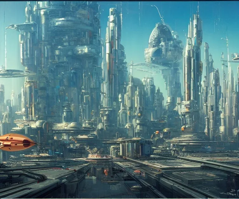 Space Center on a heavy industrialized planet with a futuristic city in the background, In the foreground a spaceship is taking off, (retrofuturistic:2), art by John Berkey, buildings with glass facades, brutalist architecture, insanely detailed, vibrant, 8k uhd, cinematic atmosphere, ultra-wide angle, street level view, brush strokes, blue sky with clouds, sharp focus