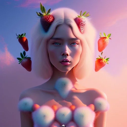 tropic landscape, white background, aerographic style,realistic painting of a beautiful girl and jar marmelade,volumetric blue clouds,pink sky environment and flying strawberries in background, volumetric lighting,dramatic lighting, detailed digital painting, extreme dense and fine fur, anime, ornate, colour-washed colors, elegant, small minutiae, tiny features, particulars, centered, smooth, sharp focus, renderman gofur render, 8k, uhd, detailed eyes, real